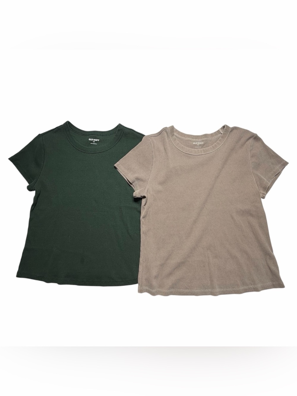 Two Old Navy Women's Green and Brown Ribbed Crew Neck Snug Short Sleeve Shirts L